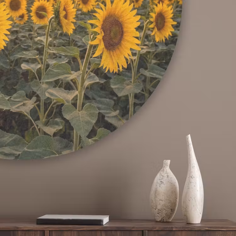 Zonnebloemen - Heuvellandschap - Geel Akoestische PET Vilt - Rond klein -sfeer5_closeup