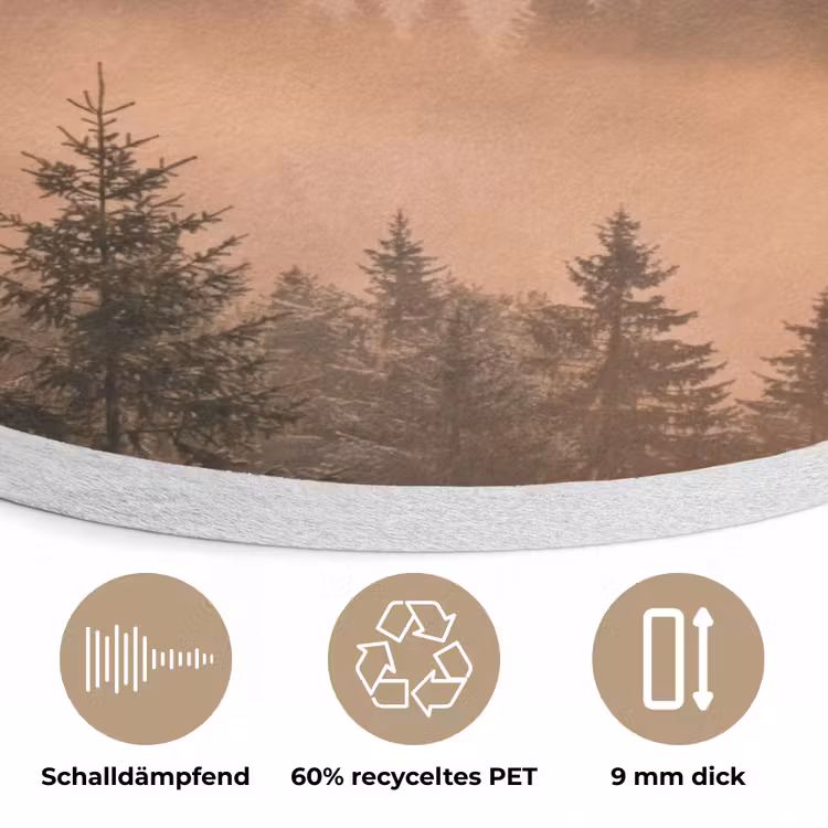 Zonlicht - Mist - Bergen - Bomen Akoestische PET Vilt - Rond klein -closeup_DE