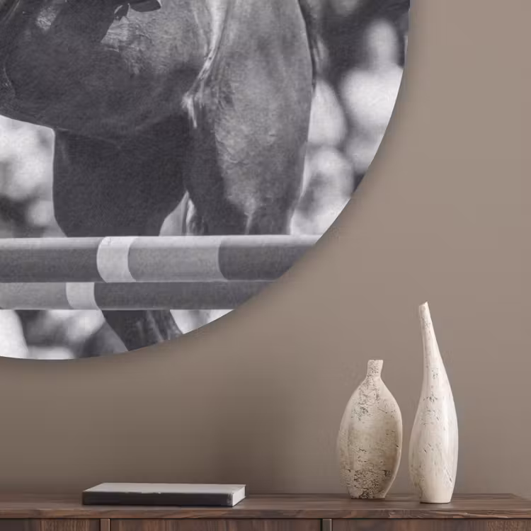 Springen - Paard - Zwart - Wit Akoestische PET Vilt - Rond klein -sfeer5_closeup