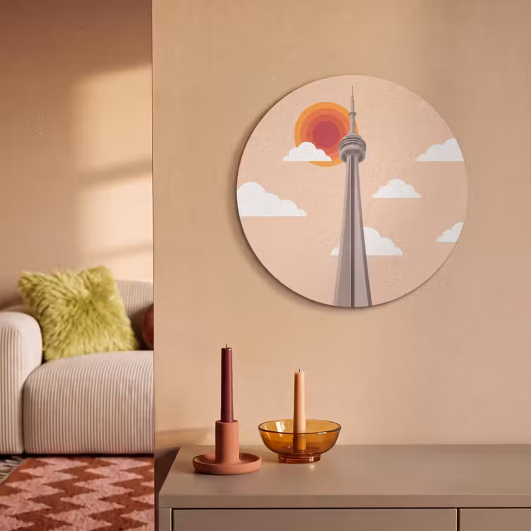 Stad - Gebouw - Architectuur - Retro - Oranje Akoestische PET Vilt - Rond klein -sfeer1