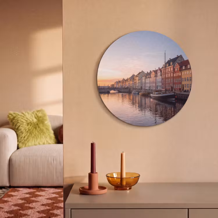 Stad - Gracht - Zonsondergang - Klassiek - Kleurrijk Akoestische PET Vilt - Rond klein -sfeer1