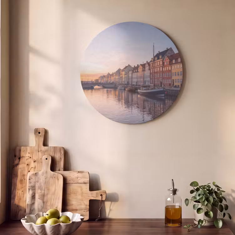 Stad - Gracht - Zonsondergang - Klassiek - Kleurrijk Akoestische PET Vilt - Rond klein -sfeer2