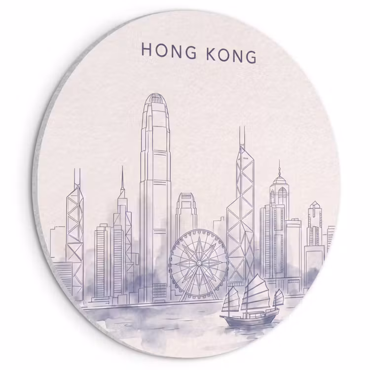 Stad - Skyline - Water - Lijntekening - Blauw Akoestische PET Vilt - Rond klein -3d