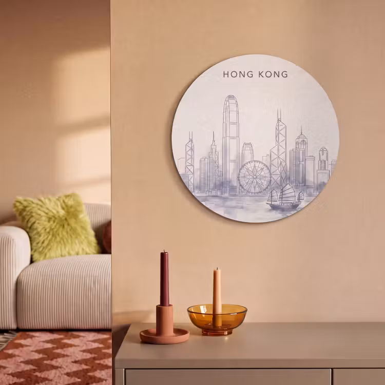 Stad - Skyline - Water - Lijntekening - Blauw Akoestische PET Vilt - Rond klein -sfeer1