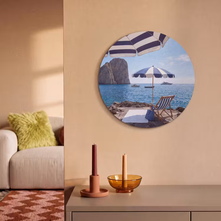 Strand - Ligstoel - Parasol - Zomer - Blauw Akoestische PET Vilt - Rond klein -sfeer1