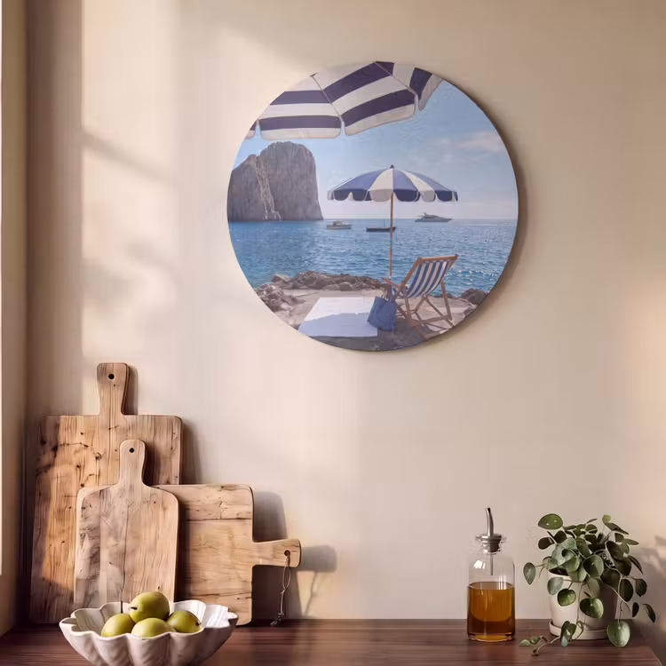 Strand - Ligstoel - Parasol - Zomer - Blauw Akoestische PET Vilt - Rond klein -sfeer2