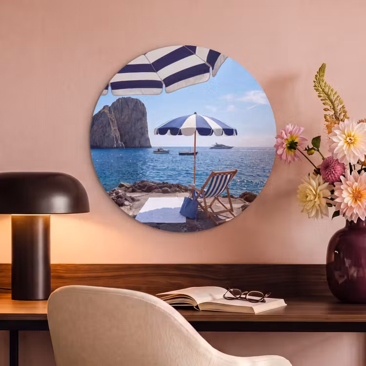 Strand - Ligstoel - Parasol - Zomer - Blauw Akoestische PET Vilt - Rond klein -sfeer3