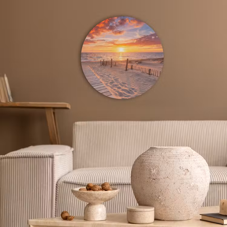 Strand - Zonsondergang - Zee - Natuur - Oranje Akoestische PET Vilt - Rond klein -sfeer1
