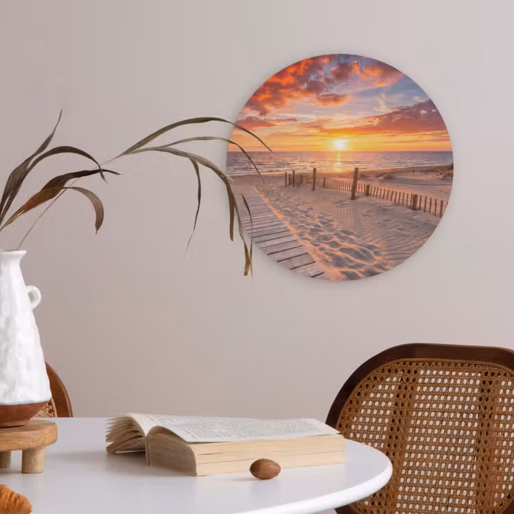 Strand - Zonsondergang - Zee - Natuur - Oranje Akoestische PET Vilt - Rond klein -sfeer3