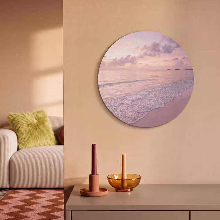 Strand - Zonsondergang - Natuur - Minimalistisch - Roze Akoestische PET Vilt - Rond klein -sfeer1
