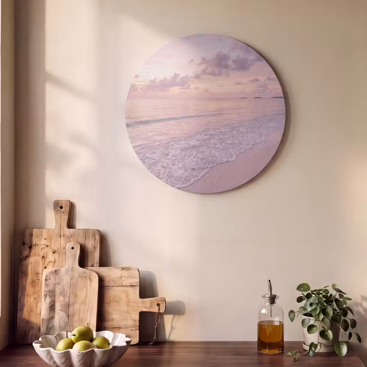 Strand - Zonsondergang - Natuur - Minimalistisch - Roze Akoestische PET Vilt - Rond klein -sfeer2