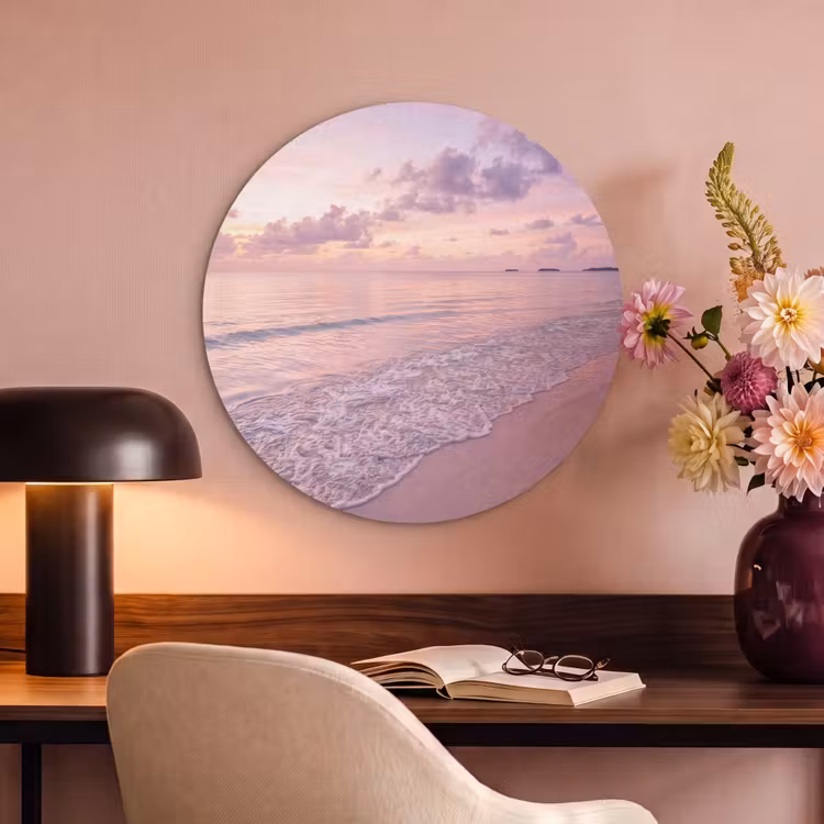 Strand - Zonsondergang - Natuur - Minimalistisch - Roze Akoestische PET Vilt - Rond klein -sfeer3