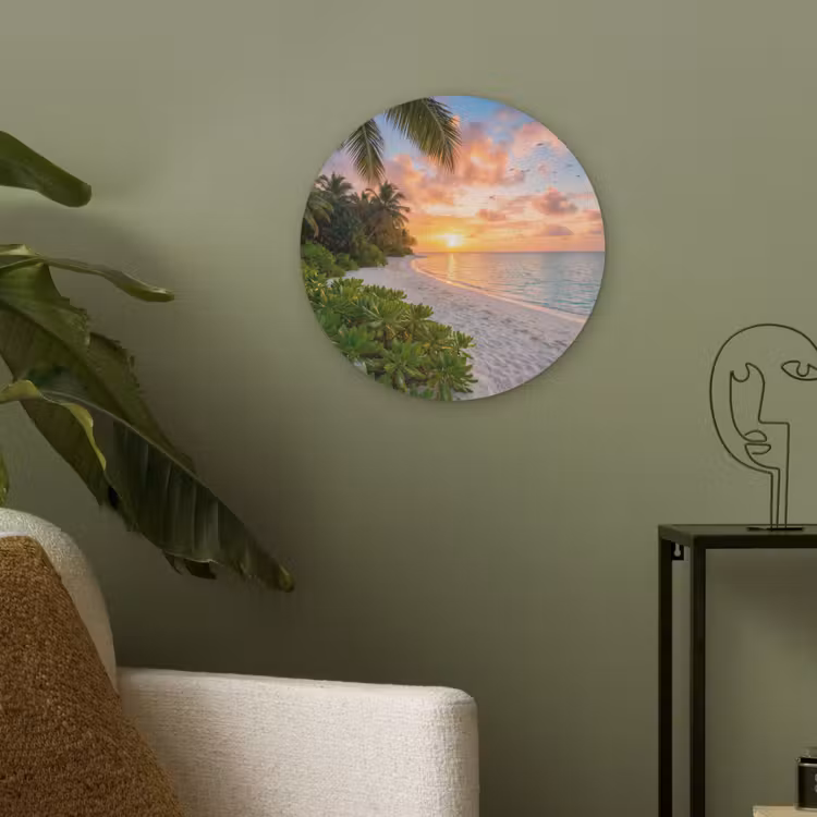 Strand - Zonsondergang - Palmbomen - Tropisch - Natuur Akoestische PET Vilt - Rond klein -sfeer2