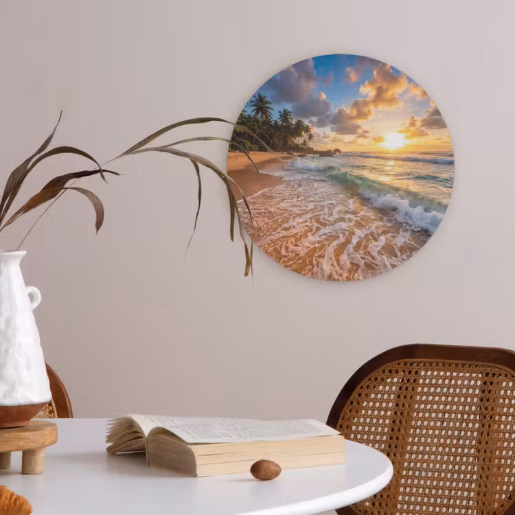 Strand - Zonsondergang - Golven - Natuur - Goud Akoestische PET Vilt - Rond klein -sfeer3