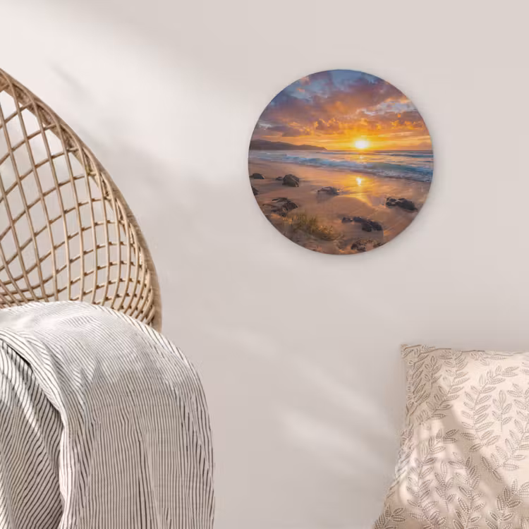Strand - Zonsondergang - Golven - Natuur - Oranje Akoestische PET Vilt - Rond klein -sfeer4