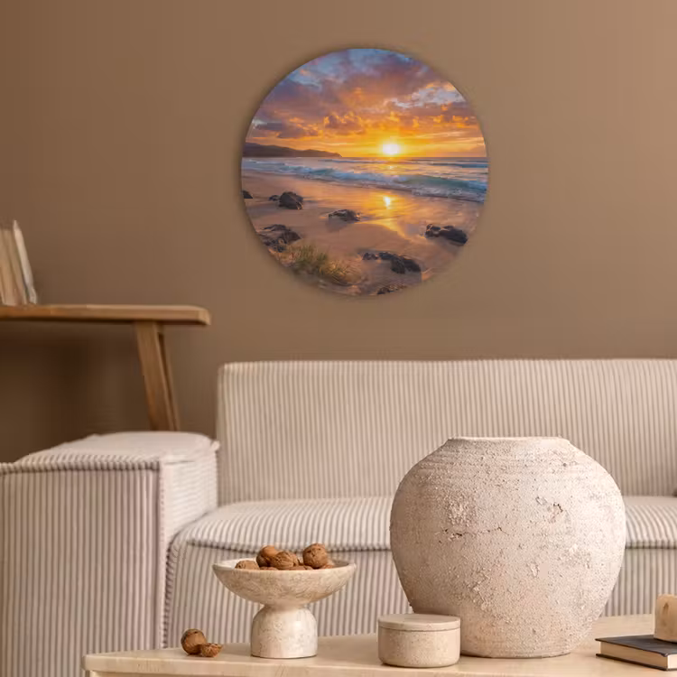Strand - Zonsondergang - Golven - Natuur - Oranje Akoestische PET Vilt - Rond klein -sfeer1