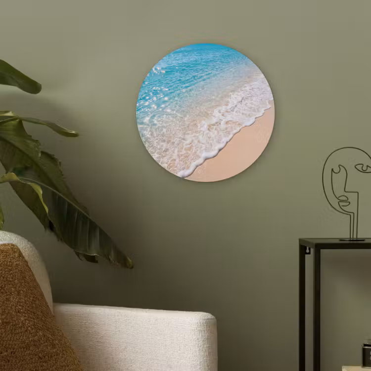 Strand - Water - Natuur - Blauw - Beige Akoestische PET Vilt - Rond klein -sfeer2