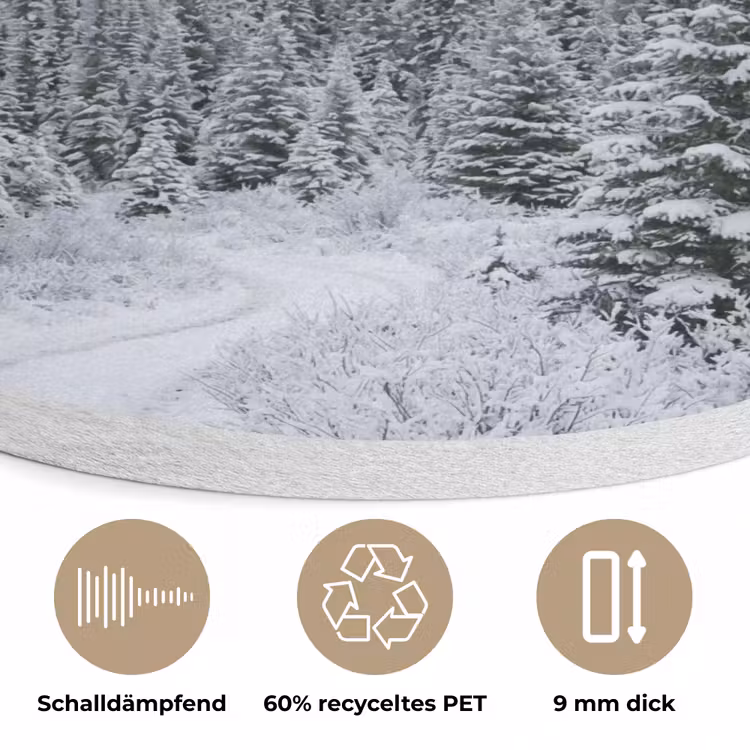 Weg - Bergen - Sneeuw - Naaldbos - Avontuurlijk Akoestische PET Vilt - Rond klein -closeup_DE