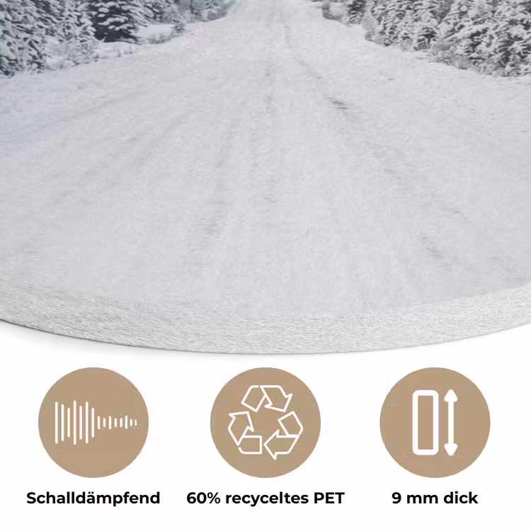 Weg - Sneeuw - Naaldbos - Winter - Avontuurlijk Akoestische PET Vilt - Rond klein -closeup_DE