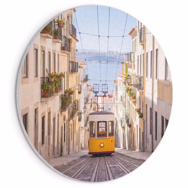 Tram - Straat - Stad - Architectuur - Geel Akoestische PET Vilt - Rond klein -3d