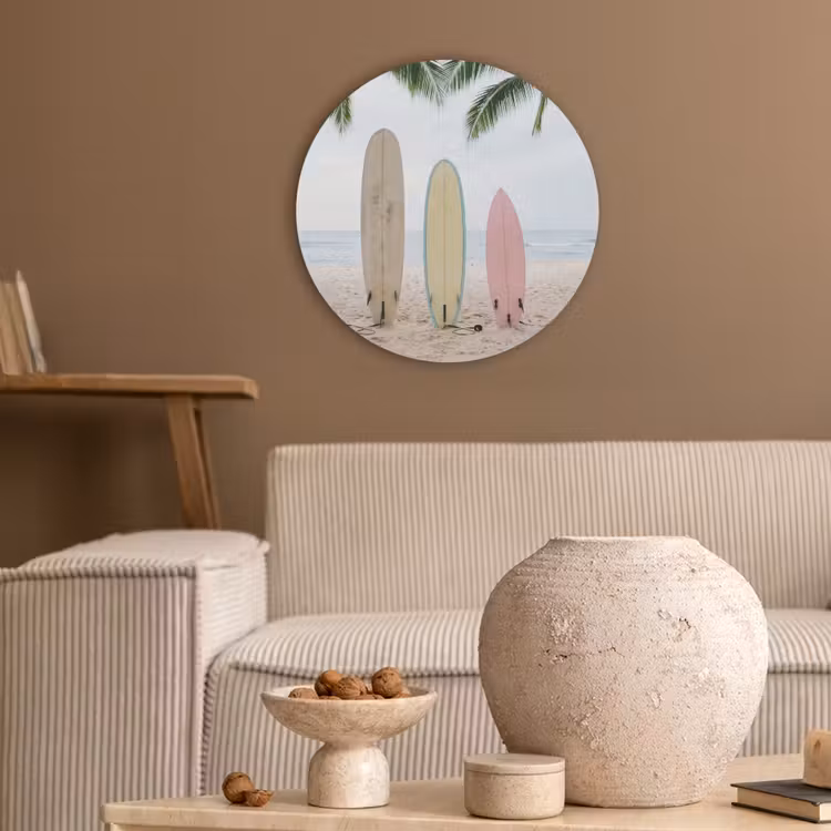 Surfboard - Palmbomen - Kleurrijk Akoestische PET Vilt - Rond klein -sfeer1