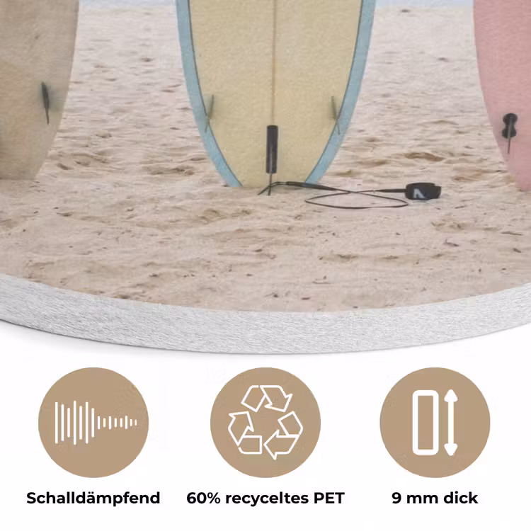 Surfboard - Palmbomen - Kleurrijk Akoestische PET Vilt - Rond klein -closeup_DE