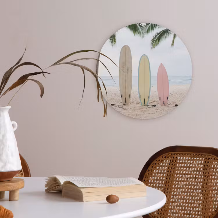 Surfboard - Palmbomen - Kleurrijk Akoestische PET Vilt - Rond klein -sfeer3