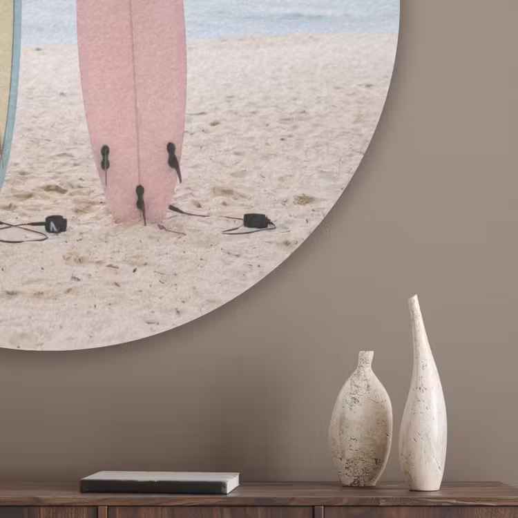 Surfboard - Palmbomen - Kleurrijk Akoestische PET Vilt - Rond klein -sfeer5_closeup