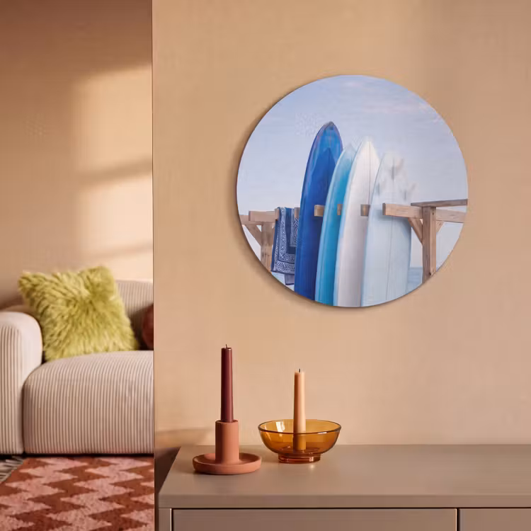 Surfplank - Strand - Zomer - Blauw - Water Akoestische PET Vilt - Rond klein -sfeer1