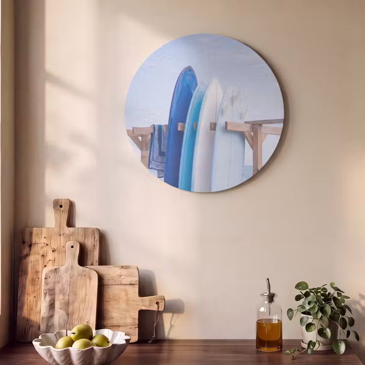 Surfplank - Strand - Zomer - Blauw - Water Akoestische PET Vilt - Rond klein -sfeer2
