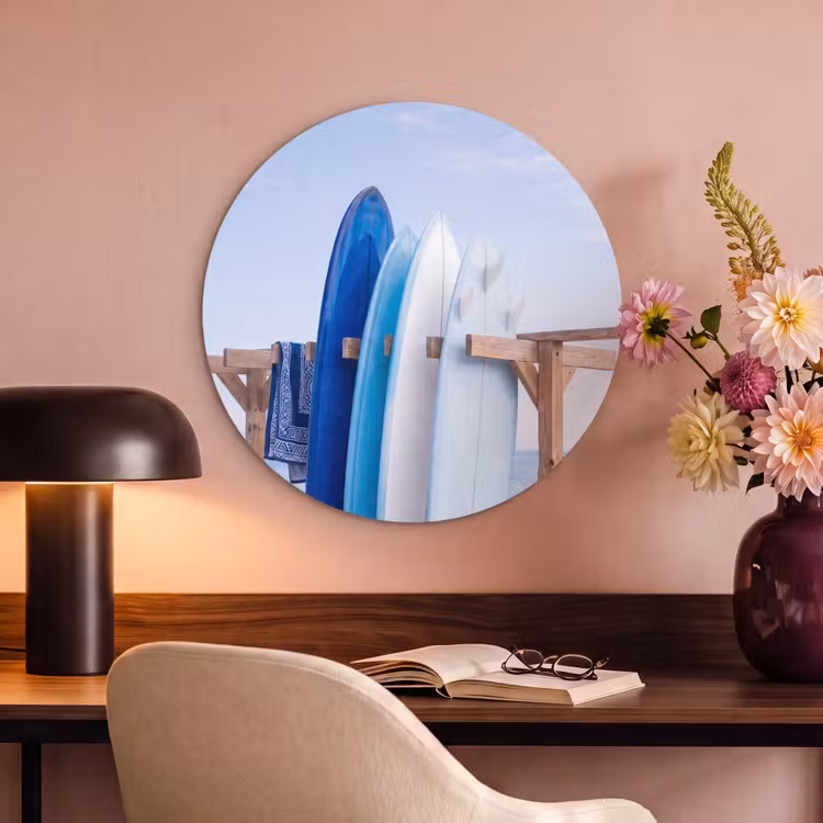 Surfplank - Strand - Zomer - Blauw - Water Akoestische PET Vilt - Rond klein -sfeer3