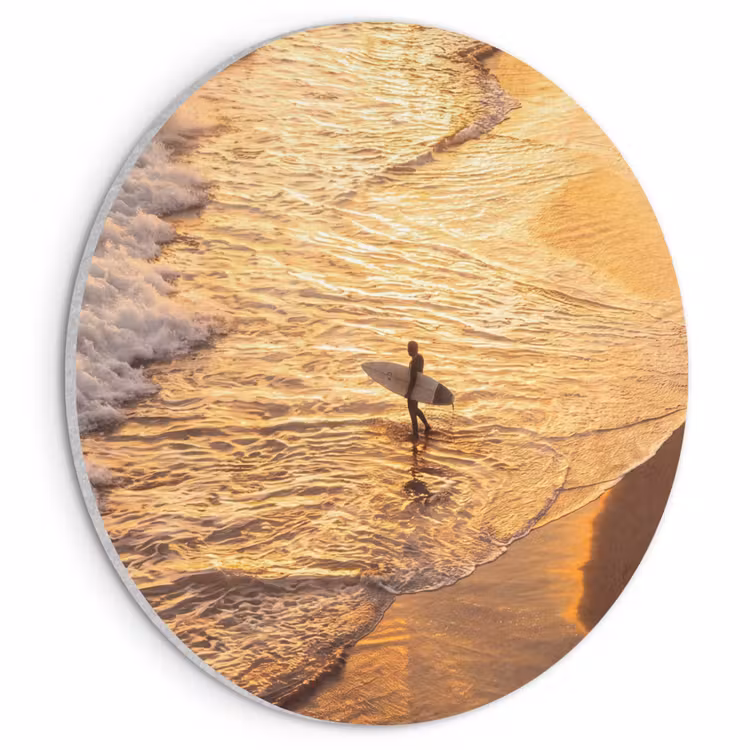 Surfer - Strand - Zonsondergang - Oceaan - Goud Akoestische PET Vilt - Rond klein -3d