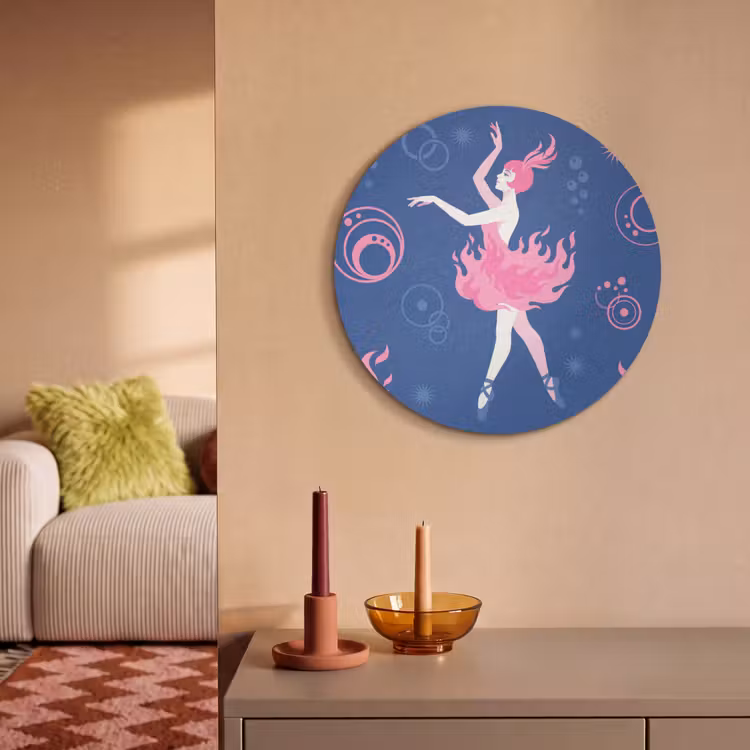 Danseres - Vlammenrok - Abstract - Roze - Blauw Akoestische PET Vilt - Rond klein -sfeer1