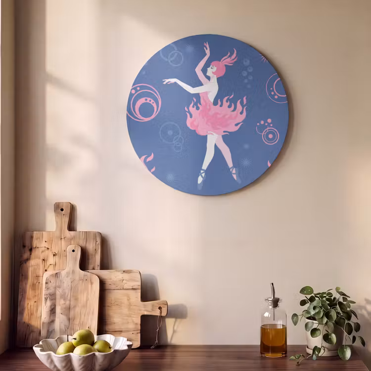 Danseres - Vlammenrok - Abstract - Roze - Blauw Akoestische PET Vilt - Rond klein -sfeer2