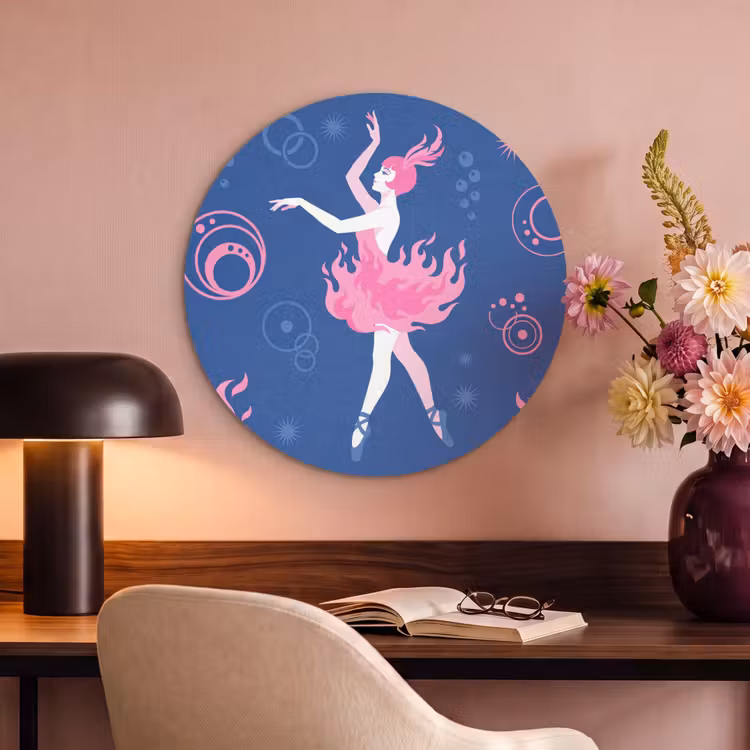 Danseres - Vlammenrok - Abstract - Roze - Blauw Akoestische PET Vilt - Rond klein -sfeer3