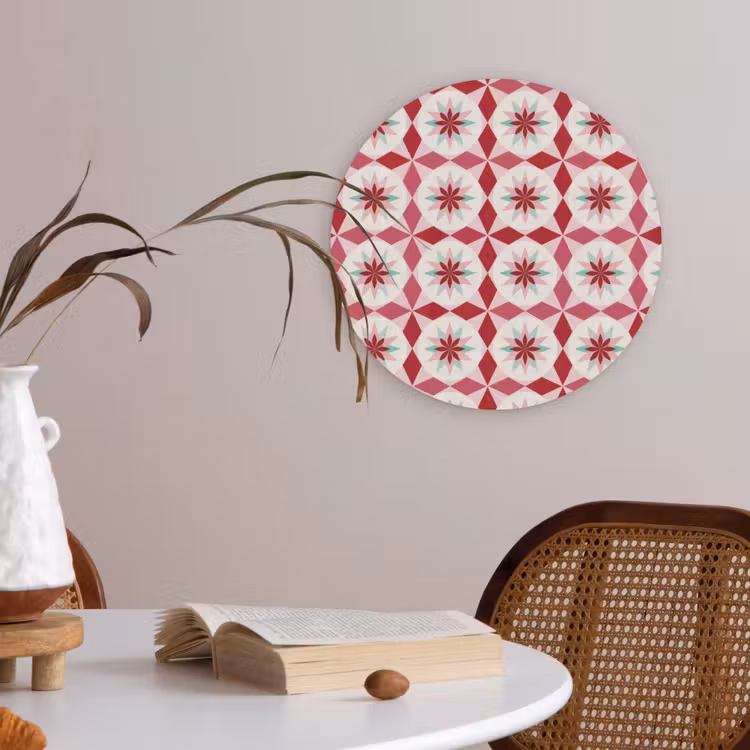 Tegelpatroon - Sterren - Retro - Roze - Mintgroen Akoestische PET Vilt - Rond klein 838 -sfeer3