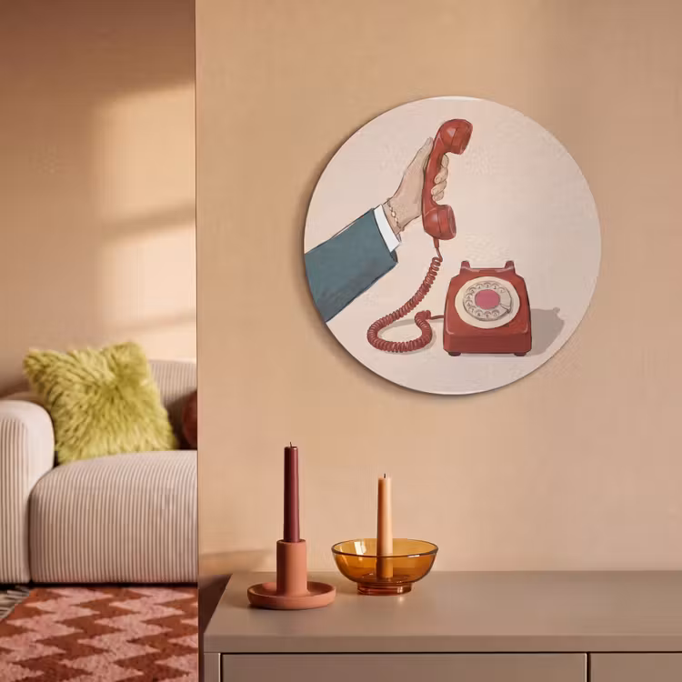 Telefoon - Hand - Vintage - Communicatie - Rood Akoestische PET Vilt - Rond klein -sfeer1