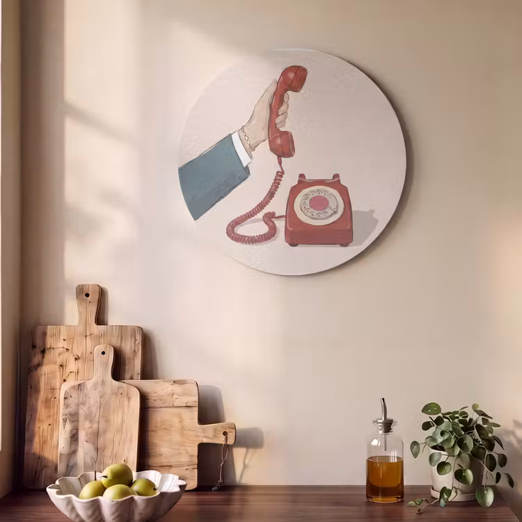 Telefoon - Hand - Vintage - Communicatie - Rood Akoestische PET Vilt - Rond klein -sfeer2