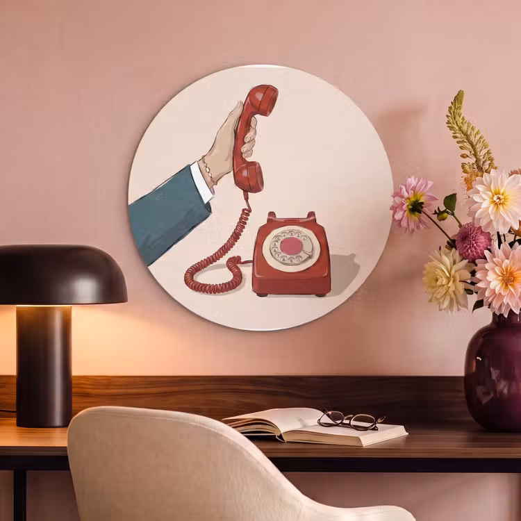 Telefoon - Hand - Vintage - Communicatie - Rood Akoestische PET Vilt - Rond klein -sfeer3
