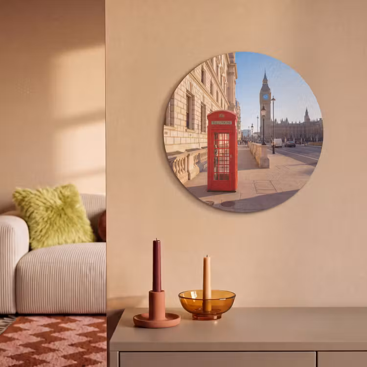 Telefooncel - Rood - Londen - Stad - Architectuur Akoestische PET Vilt - Rond klein -sfeer1