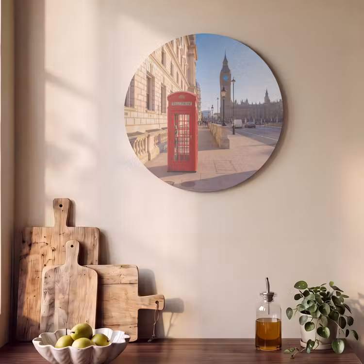 Telefooncel - Rood - Londen - Stad - Architectuur Akoestische PET Vilt - Rond klein -sfeer2