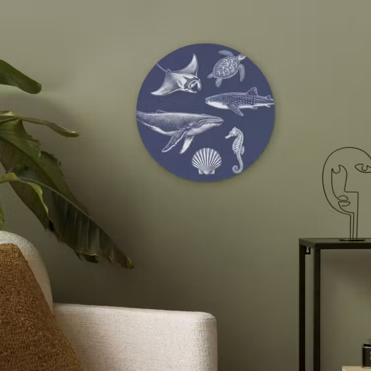 Dieren - Zeeleven - Oceaan - Graveren - Blauw Akoestische PET Vilt - Rond klein -sfeer2
