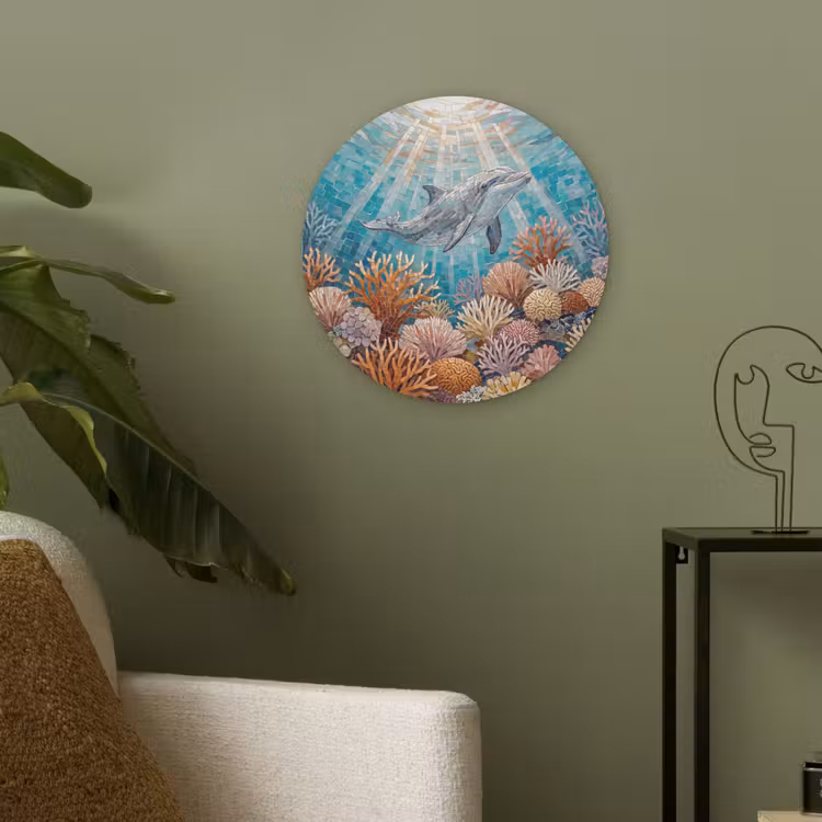 Dieren - Mozaïek - Oceaan - Koraal - Blauw Akoestische PET Vilt - Rond klein -sfeer2