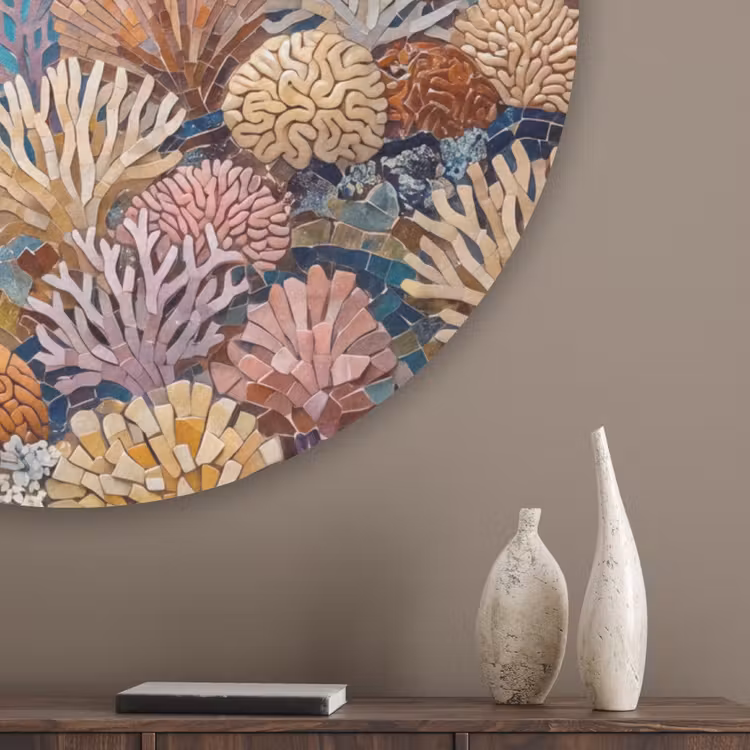 Dieren - Mozaïek - Oceaan - Koraal - Blauw Akoestische PET Vilt - Rond klein -sfeer5_closeup
