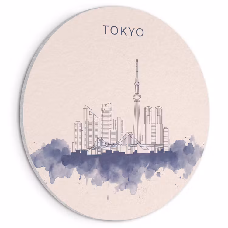 Tokyo - Skyline - Stad - Abstract - Blauw Akoestische PET Vilt - Rond klein -3d