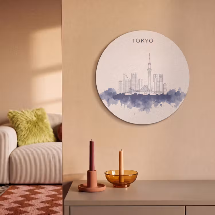 Tokyo - Skyline - Stad - Abstract - Blauw Akoestische PET Vilt - Rond klein -sfeer1