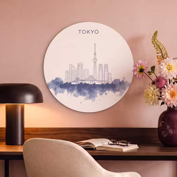 Tokyo - Skyline - Stad - Abstract - Blauw Akoestische PET Vilt - Rond klein -sfeer3