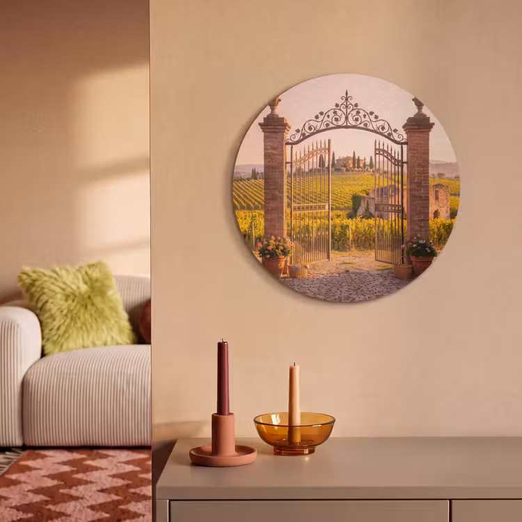 Poort - Landschap - Platteland - Zonlicht - Warm Akoestische PET Vilt - Rond klein -sfeer1