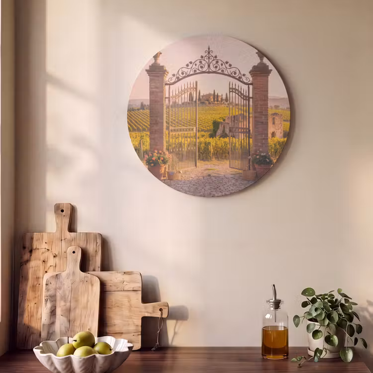 Poort - Landschap - Platteland - Zonlicht - Warm Akoestische PET Vilt - Rond klein -sfeer2