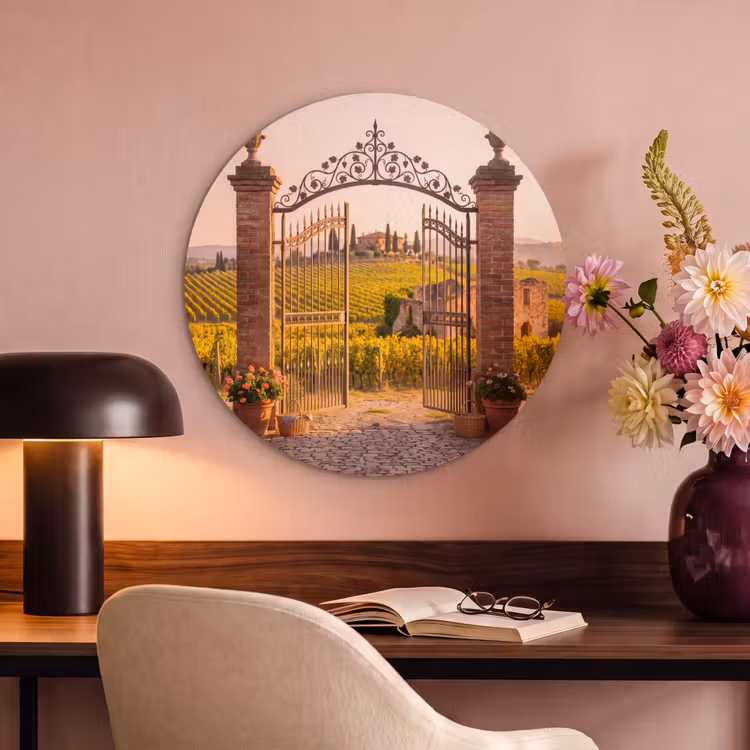 Poort - Landschap - Platteland - Zonlicht - Warm Akoestische PET Vilt - Rond klein -sfeer3